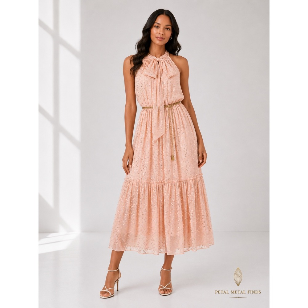 Zimmermann Silk Metallic Polka Dot Tie Neck Midi Dress Blush Gold NWT Size 10